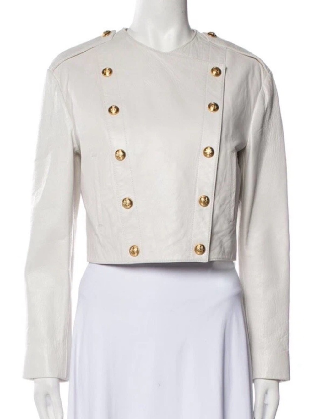 Celine Cream Cropped Leather Military-Style Jacket with Gold Buttons